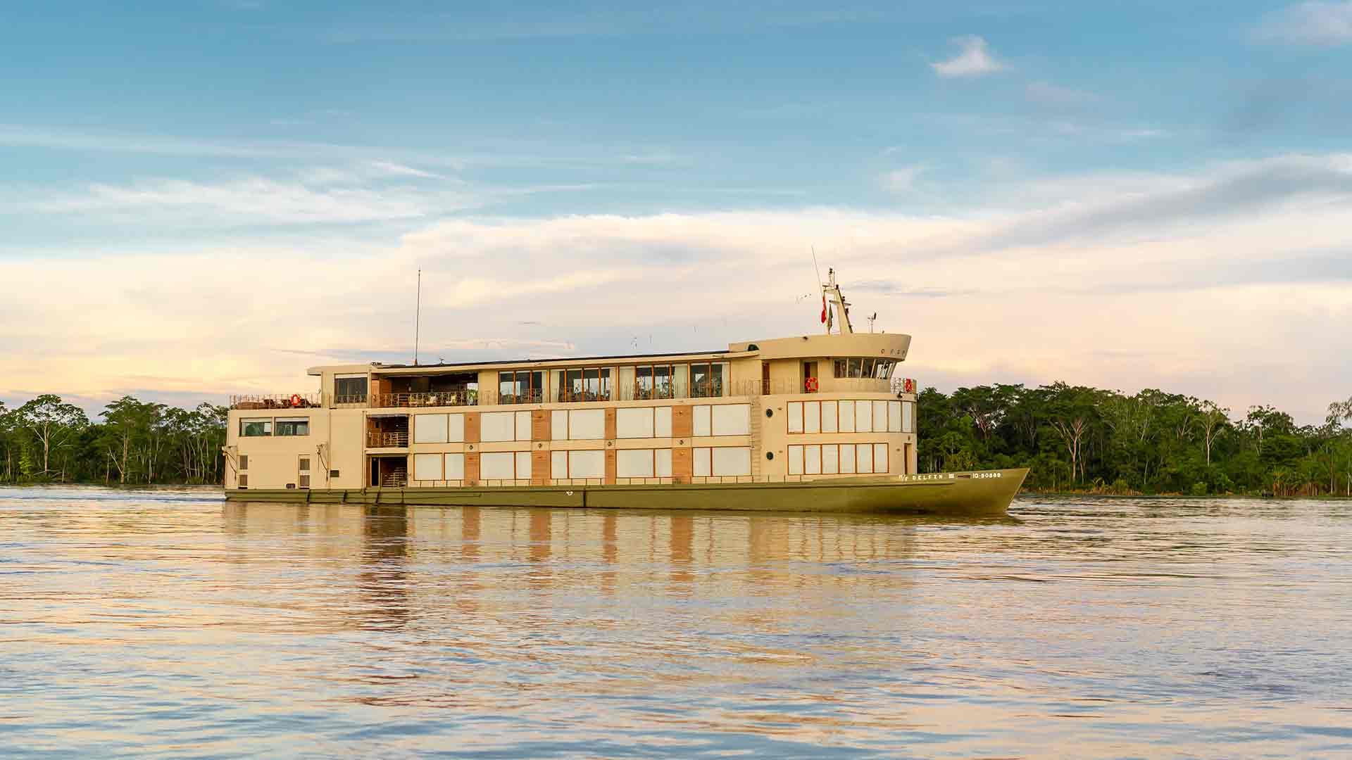 The Delfin III moored on the Río Marañón, Peruvian Amazon